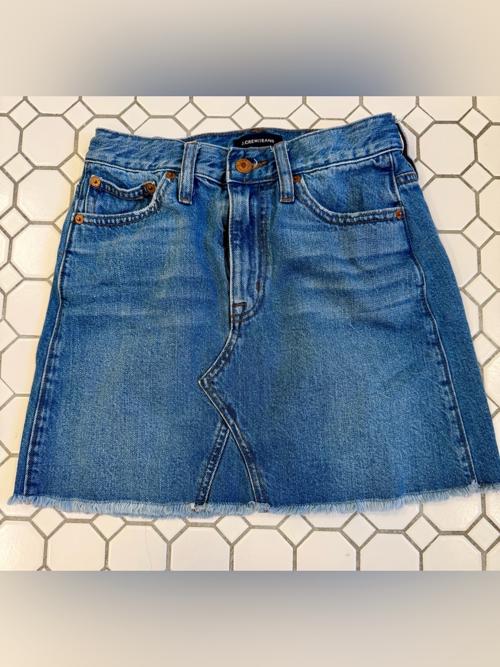 J. Crew Medium Blue Denim Mini Skirt with Raw Hem
